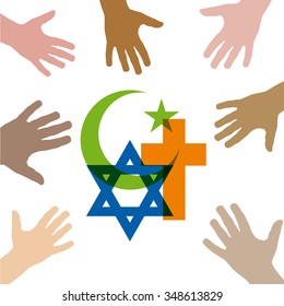 Peace and dialogue between religions. Christian symbols, jew and Islamic