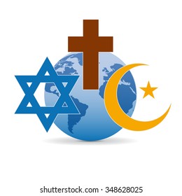 Peace and dialogue between religions. Christian symbols, jew and Islamic