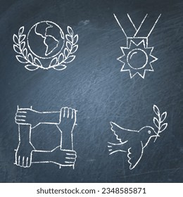 Peace diplomacy icon set on chalkboard. International cooperation, dove of peace symbols. Vector illustration.