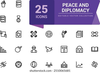 Peace and diplomacy outline icons. Related to international relations. Pixel perfect, minimalistic web and UI icon. Outline icon collections.