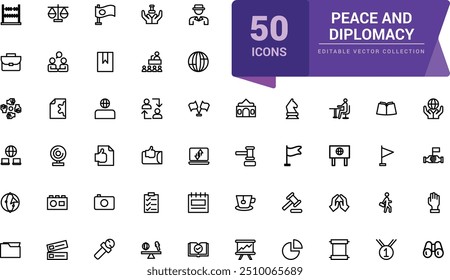 Peace and diplomacy outline icons. Related to international relations. Pixel perfect, minimalistic web and UI icon. Outline icon collections.