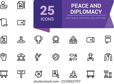Ícones da paz e da diplomacia. Relacionados com as relações internacionais. Pixel perfeito, minimalista web e ícone UI. Contornar coleções de ícones.