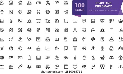 Peace and diplomacy outline icons. Related to international relations. Pixel perfect, minimalistic web and UI icon. Outline icon collections.