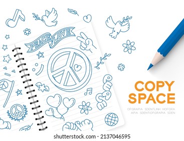 Peace doodle kids hand drawing seamless pattern set editable stroke and pencil, Peaceful Pray and Stop war concept, minimal flat design illustration top view on white background copy space, vector