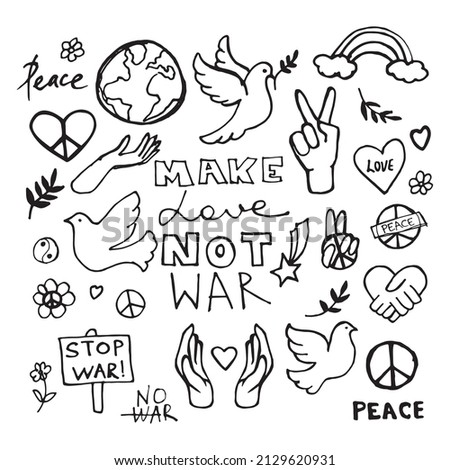 Peace doodle set. Vector hippie illustration. Make love not war.