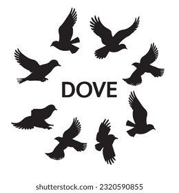 Peace Dove 9, Flying Bird, Black Silhouette, set of dove birds Vector Illustration isolated on white background