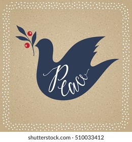 Peace Dove with branch. Merry Christmas and winter holidays card design. Vector illustration.