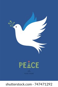 Peace Dove with branch. Merry Christmas and winter holidays card design. Vector illustration.