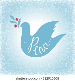 Peace Dove with branch on the blue texture background. Merry Christmas and winter holidays card design. Vector illustration.