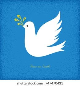 Peace Dove with branch on the blue texture background. Vector illustration.