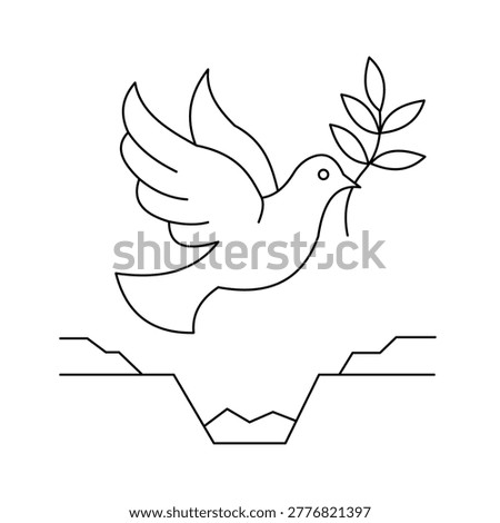 Peace dove carrying an olive branch flying over a war trench vector illustration. Concept of ending war, hope, freedom, and global peace. Symbolic outline art for humanitarian and anti-war designs.Editable stroke, Vector illustration, Line art Icon, Symbols.