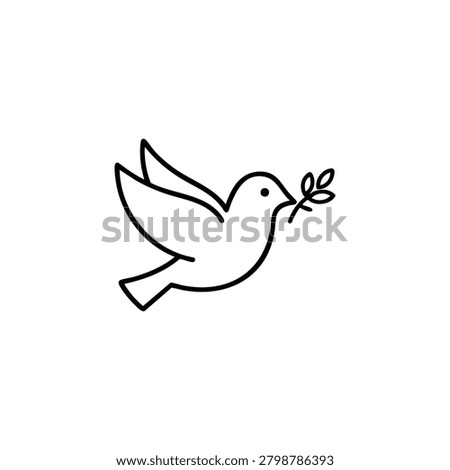 Peace dove, peace dove carrying olive branch, black and white vector outline icon for anti war hope and peaceful resolution