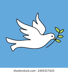 Peace dove colored outline isolated on white background. Hand drawn vector art.