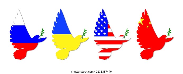 Peace dove in the colors of the flags of Russia, Ukraine, America and China.