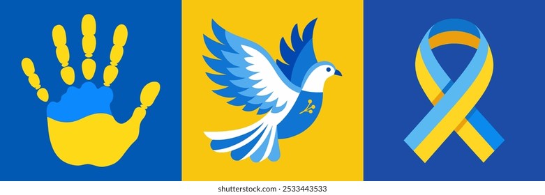 Peace Dove, Flag Ribbon, Handprint in Ukrainian Flag Colors: Symbol of Support for Ukraine