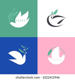 Peace dove. Flat style vector icon or logo template of white pigeon with olive branch