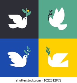 Peace Dove. Flat Style Vector Icon Or Logo Template Of White Pigeon With Olive Branch