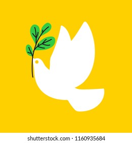 Peace dove. Flat style vector illustration of white pigeon with olive branch on yellow background