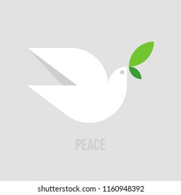 Peace dove. Flat style vector illustration of white pigeon with green leaves on gray background