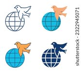 Peace dove flying above globe icon set in flat and line style. Bird over planet Earth. Vector illustration.