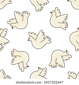 Peace dove flying seamless pattern. Illustration in cartoon style. 70s retro clipart vector design.