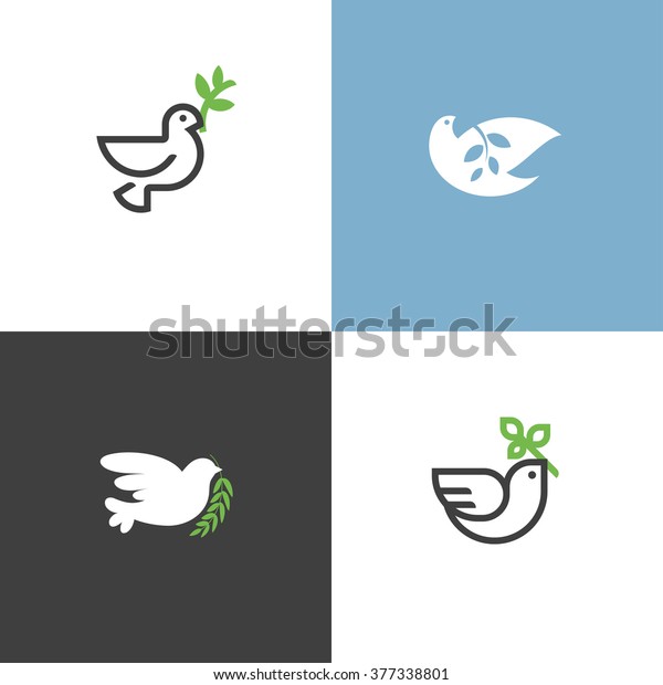 緑の枝と平和鳩 アイコンとロゴのフラットラインデザインスタイルのベクターイラストセット のベクター画像素材 ロイヤリティフリー