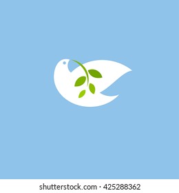 Peace dove with green branch on blue background. Flat style vector icon or logo