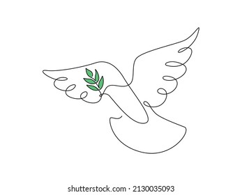 Peace dove with green olive branch in One continuous line drawing. Bird and twig symbol of peace and freedom in simple linear style. Pigeon icon. Doodle vector illustration
