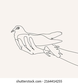 Peace Dove in hand, Continuous one Line drawing.
Bird symbol of Peace and freedom in simple linear style. Pigeon icon. Doodle vector illustration.