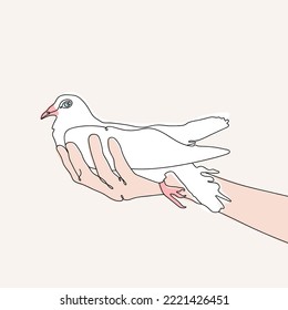 Peace Dove in hand, Continuous one Line drawing. Bird symbol of Peace and freedom in simple linear style. Pigeon icon. Vector illustration.