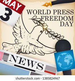 Peace dove in hand drawn style with journalist's elements: microphone, newspaper, pen and calendar ready to celebrate World Press Freedom Day this 3rd May.