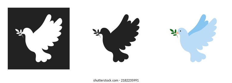 peace dove icon with an olive branch in its beak. A symbol of peace, kindness and help. Vector isolated on white background