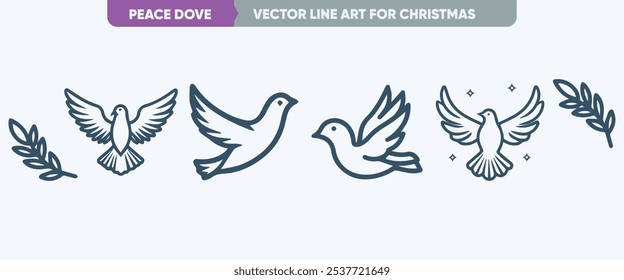 Peace Dove Icon Set: Minimal Thin Line Web Icons, Outline Icon, Simple Vector for Christmas and New Year
