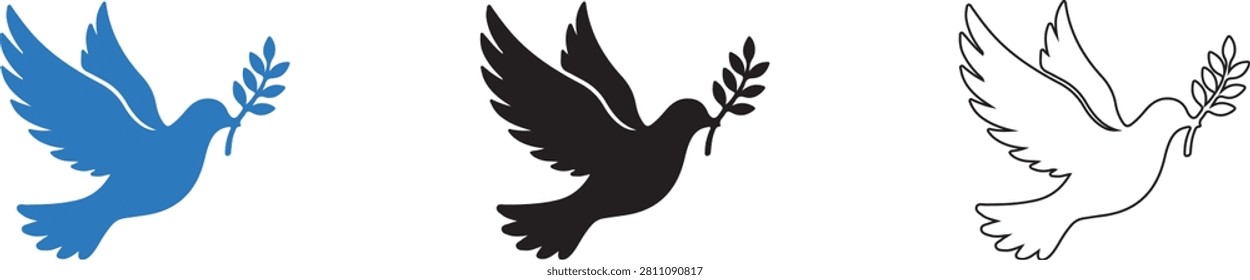 Peace Dove Icon Set with Solid Blue, Solid Black and Outline Flying Bird Olive Branch Symbols Transparent PNG