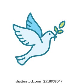 Peace dove icon. White dove flying with olive branch in beak, symbolizing peace, hope, and new beginnings.