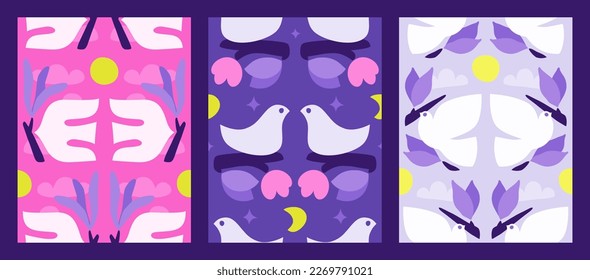 Peace dove with olive branch. Abstract seamless pattern with birds in daytime and nighttime. Naive style vector illustration for modern textile or wallpaper