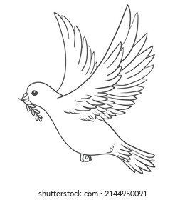 Peace dove with olive branch in the beak flying and hands down. Vector illustration