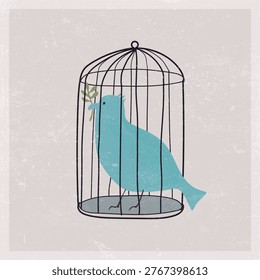 Peace dove with olive branch in the cage habd drawn childish style painted on old paper grain texture background square template graphic illustration.
