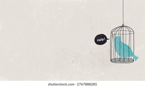 Peace dove with olive branch in the cage hand drawn childish style painted on old paper grain texture background graphic illustration have blank space.