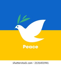 Peace dove with olive branch. Flat style vector illustration with white pigeon on background of Ukrainian flag for Ukraine and Russia military conflict and stop the war concepts