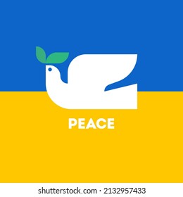 Peace dove with olive branch. Flat style vector illustration with white pigeon on background of Ukrainian flag for Ukraine and Russia military conflict and stop the war concepts