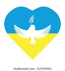 Peace dove with olive branch. Flat style vector illustration with white pigeon on background of Ukrainian flag.Pray for Ukraine. Stop the war.