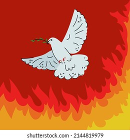 Peace dove with olive branch flight out of fire  vector card. Bird and twig symbol of peace and freedom. 