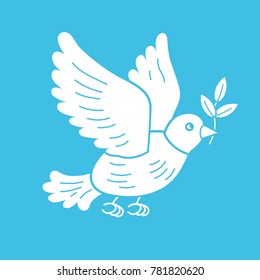 Peace dove with an olive branch flying, flat icon.