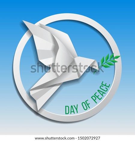 Peace dove with olive branch flying on blue background. International Peace Day banner. Paper Origami. Vector Illustration.