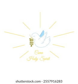 Peace Dove with Olive Branch with Golden Rays and with Text Come Holy Spirit Vector Illustration