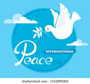 Peace dove with an olive branch for the International  Peace Day poster. Flat design. Vector.