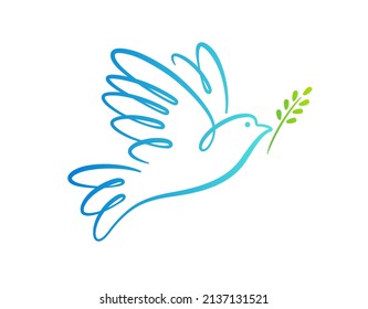 Peace dove with olive branch. International Day of Peace icon. Stop the war in Ukraine. Flying bird logo. Vector design illustration.