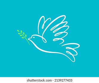 Peace dove with olive branch. International Day of Peace icon. Stop the war in Ukraine. Flying bird logo. Vector design illustration.