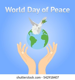 Peace dove with olive branch for International Peace Day poster. Hands holding Earth. Flat vector stock illustration